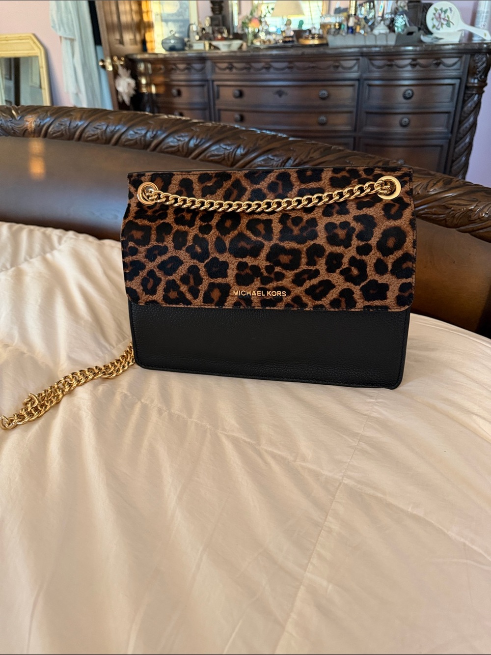 Michael Kors Black and Leopard Print Chain Crossbody Bag